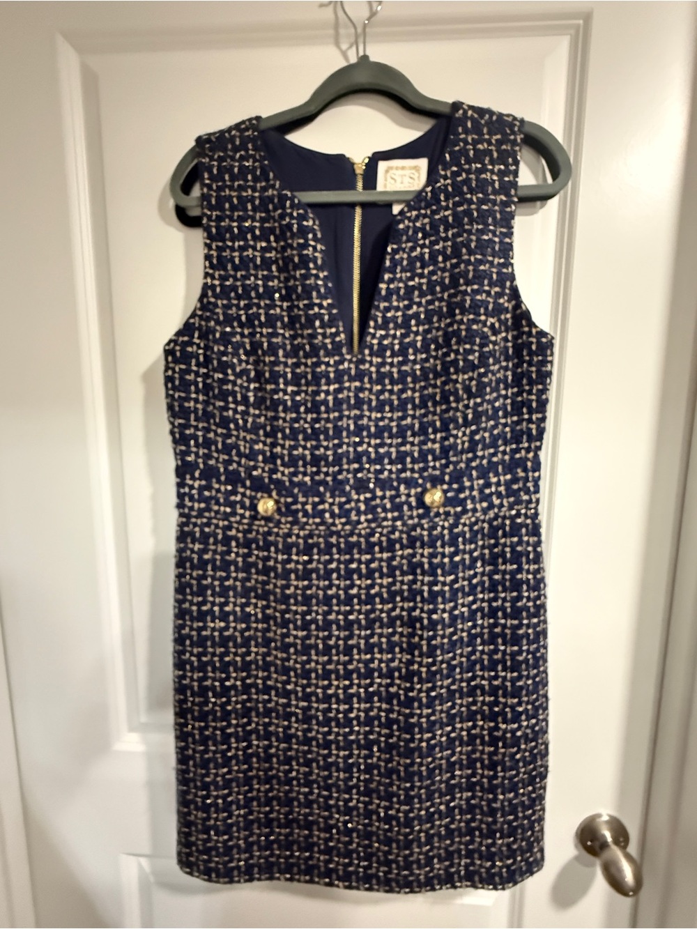 Blue Tweed Sheath Dress with Gold Buttons Sail to Sable Brand